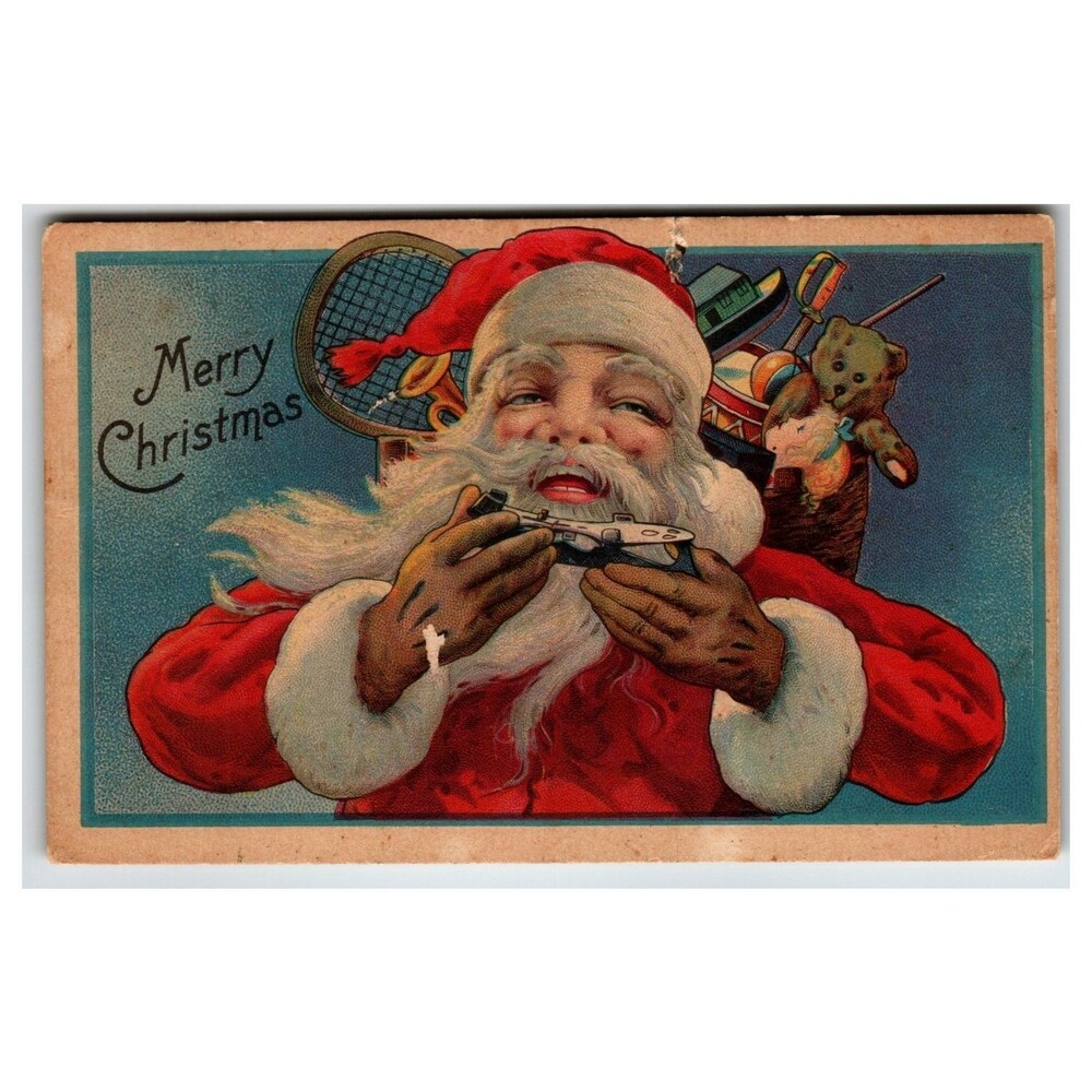 Vintage Merry Christmas Santa Claus Toy Gun Tennis Racket Postcard Litho Stecher